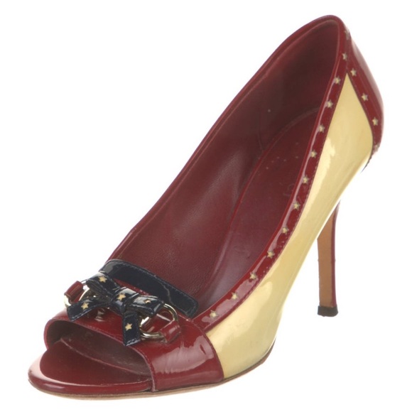 Gucci Shoes - Gucci 1995 Election Horsebit Accent Patent Leather Pump Red/Navy Star Detail